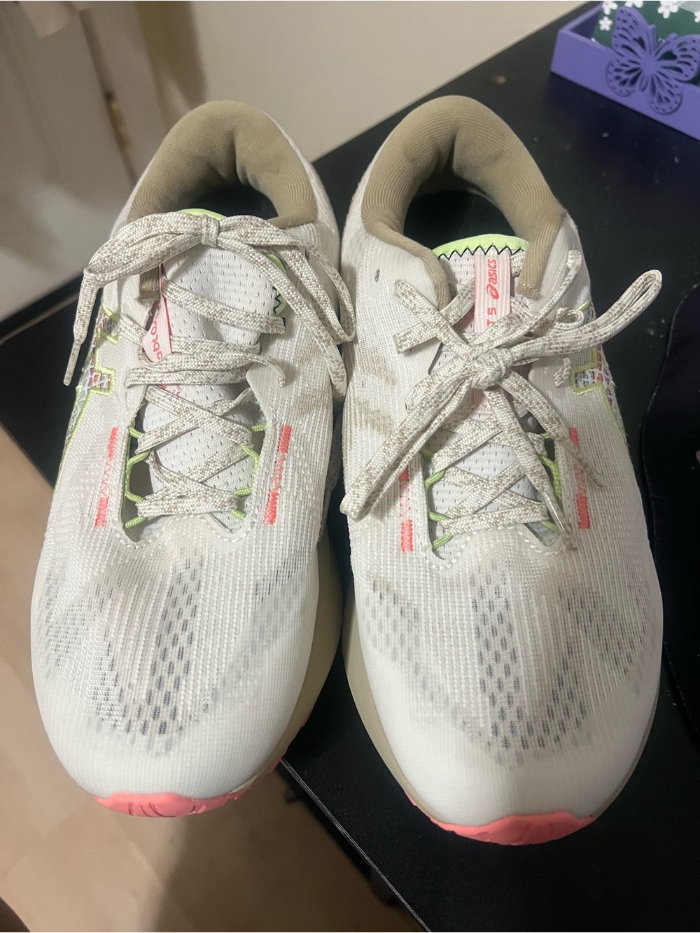 Asics White Athletic Running Shoes with Pink and Lime Accents